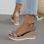 Ninon | Nude Low Wedge Heel Sandals — Rose Gold