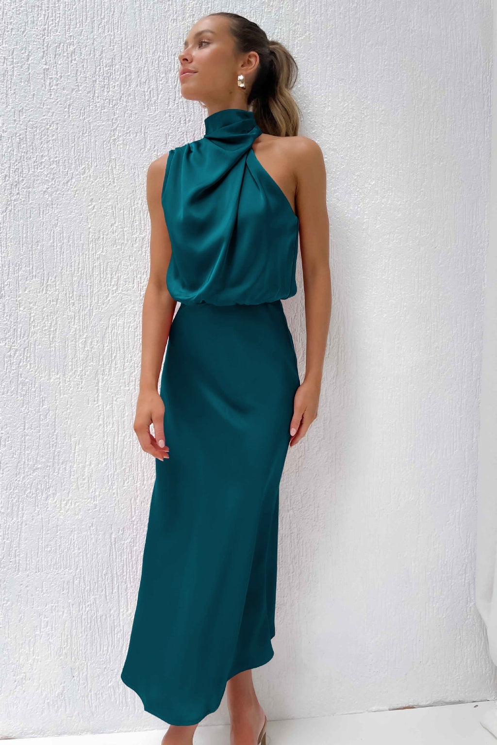 Cordelia | Satin Halter Midi Dress White Summer Maxi Mini — Teal Blue