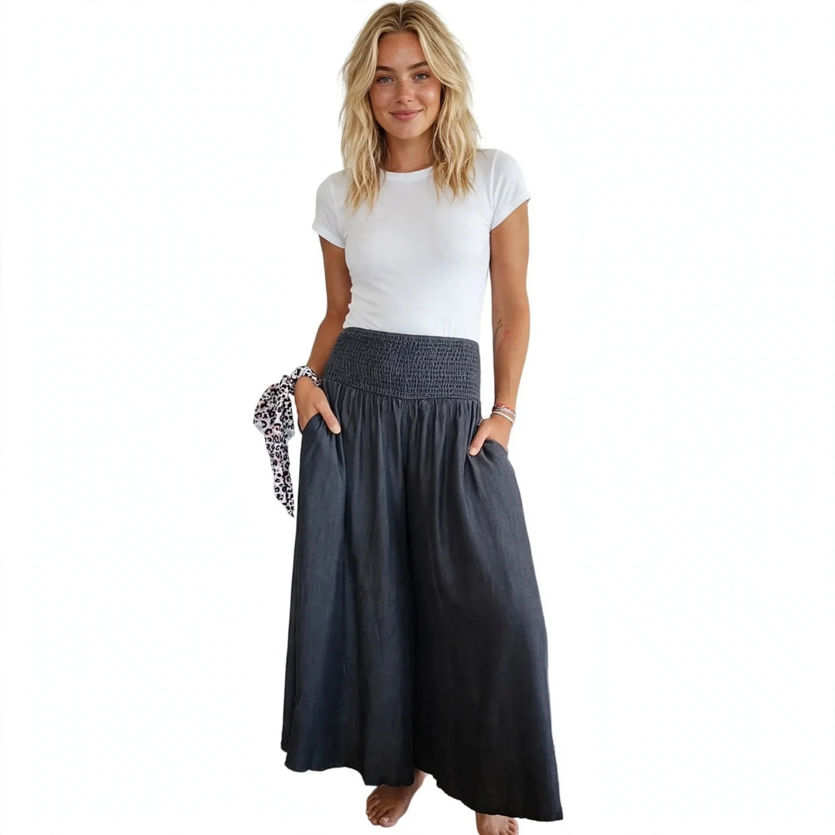 Coralie | Wide Leg White Linen Trousers Romper Pants Casual — Gray