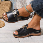 Katarina | Strappy Low Wedge Block Heel Silver Sandals — Black