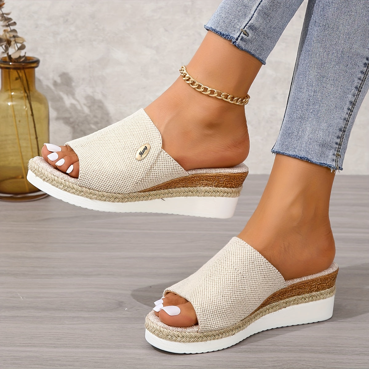 Isolde | Low Wedge Heel Canvas Sandals For Beach Outfits — Apricot
