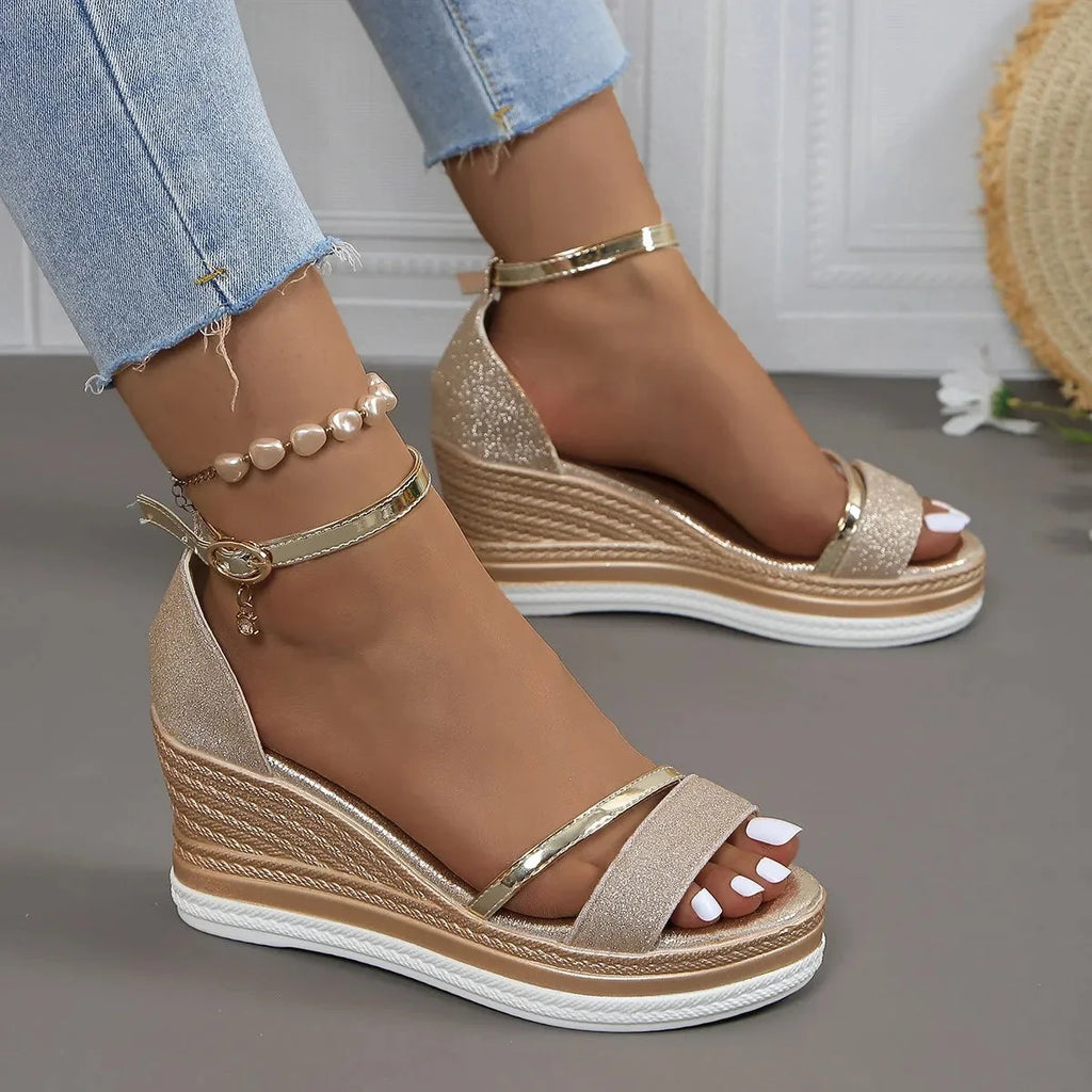 Ninon | Nude Low Wedge Heel Sandals — Gold