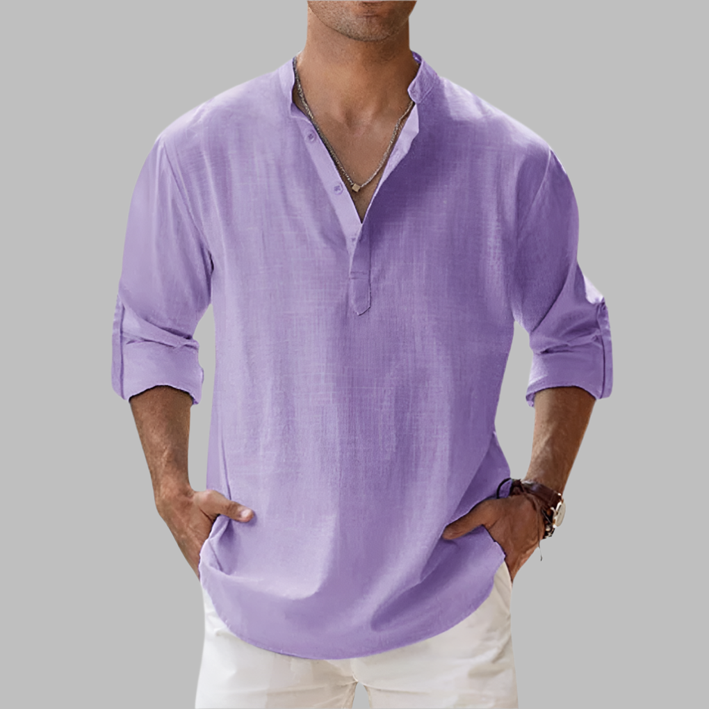 Atticus | White Pink Linen Summer Dress Shirt Chinos Trousers Men — Purple