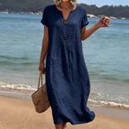 Capucine | Casual Cotton Linen Midi Dress For Women Dresses — Navy Blue