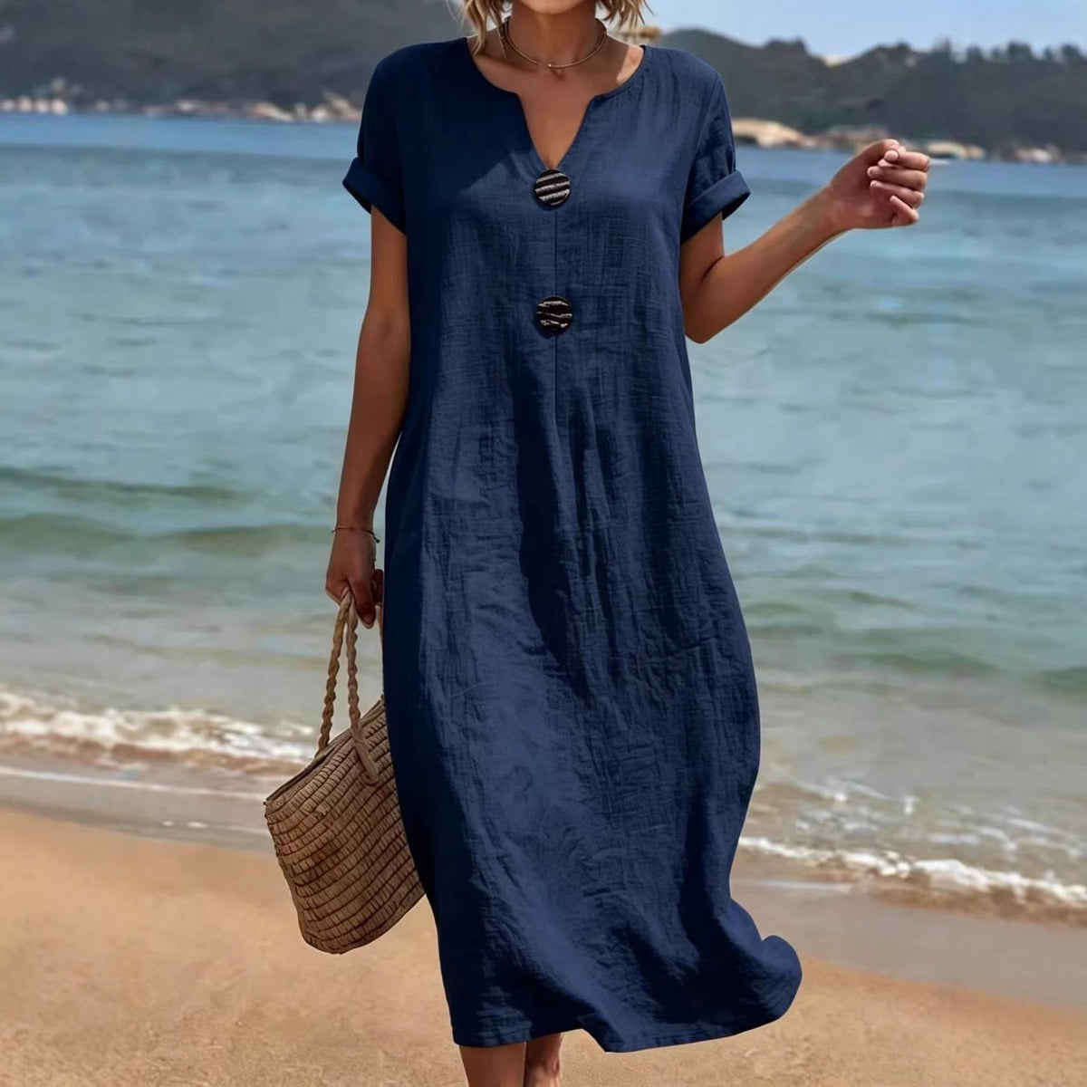 Capucine | Casual Cotton Linen Midi Dress For Women Dresses — Navy Blue
