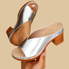Celestine | Black Strappy Low Block Heel Wide Fit Brown Sandals — Silver