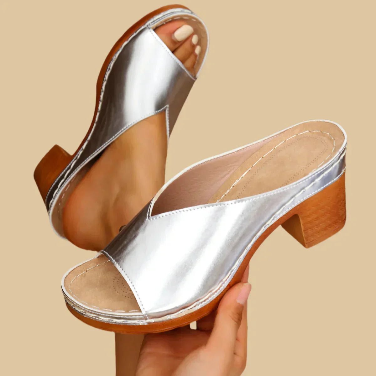 Celestine | Black Strappy Low Block Heel Wide Fit Brown Sandals — Silver