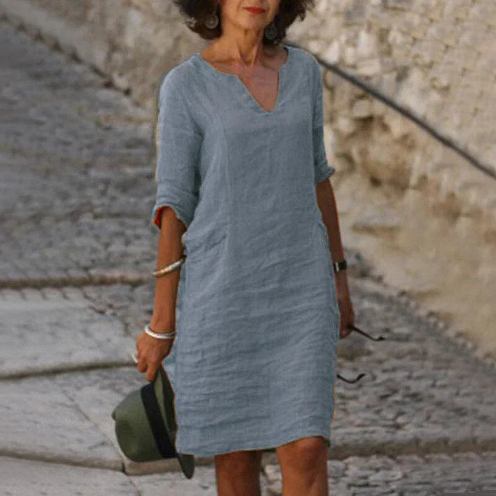 Clemence | Casual Linen Denim Short Sleeve Summer Midi Dress — Gray