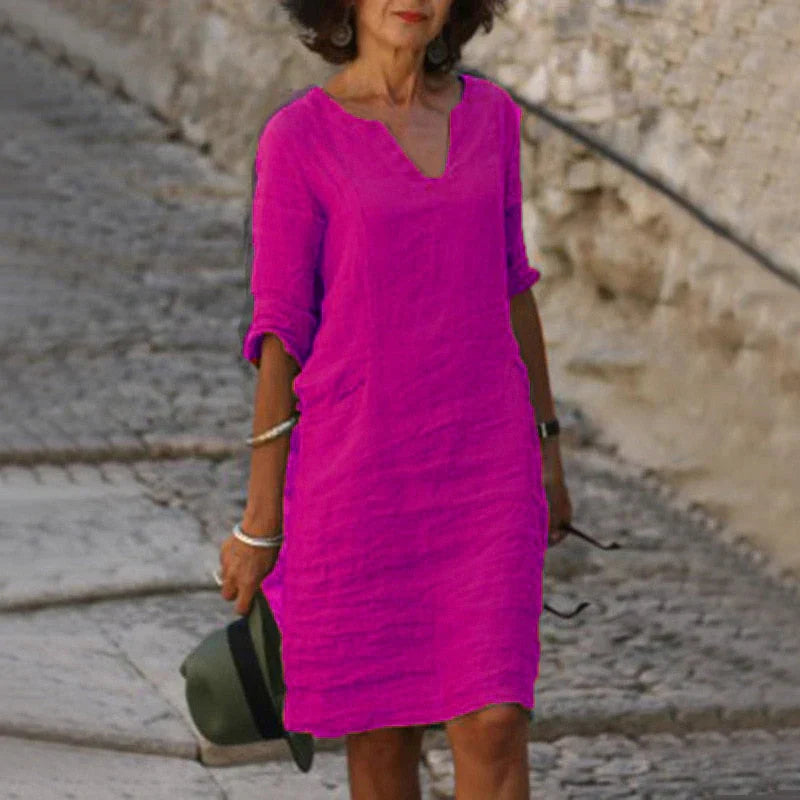 Clemence | Casual Linen Denim Short Sleeve Summer Midi Dress — Purple