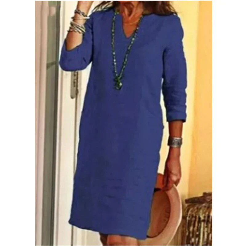 Clemence | Casual Linen Denim Short Sleeve Summer Midi Dress — Dark blue