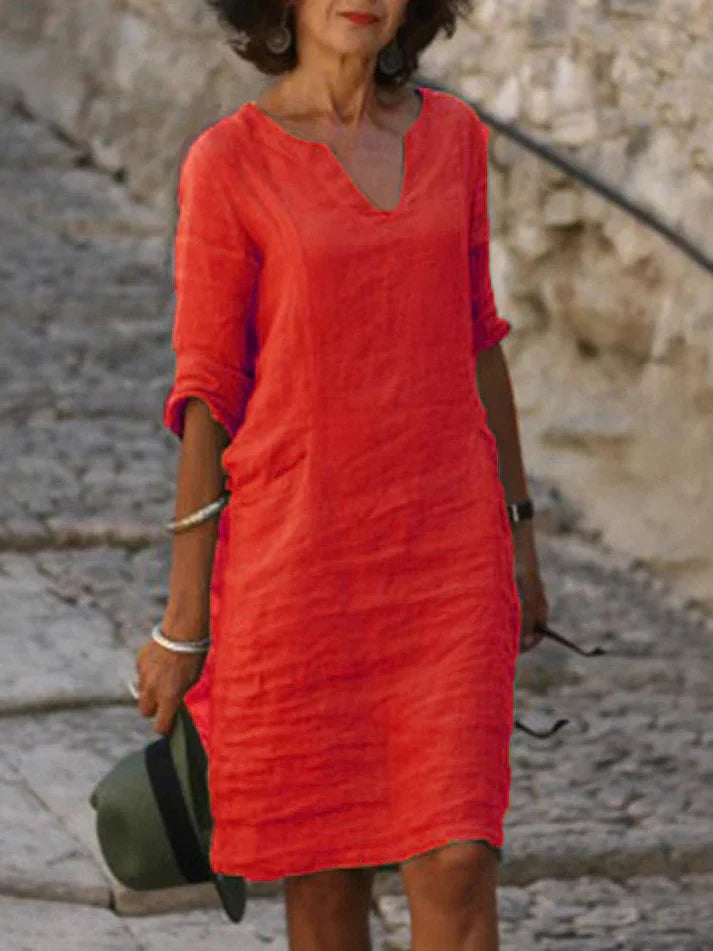 Clemence | Casual Linen Denim Short Sleeve Summer Midi Dress — Red