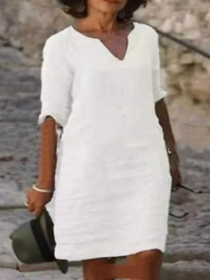 Clemence | Casual Linen Denim Short Sleeve Summer Midi Dress — White