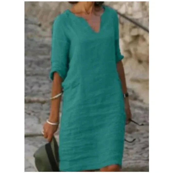 Clemence | Casual Linen Denim Short Sleeve Summer Midi Dress — Green