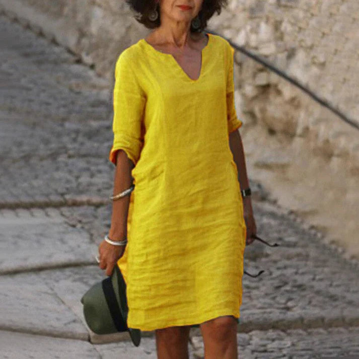 Clemence | Casual Linen Denim Short Sleeve Summer Midi Dress — Yellow