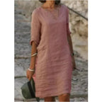 Clemence | Casual Linen Denim Short Sleeve Summer Midi Dress — Pink