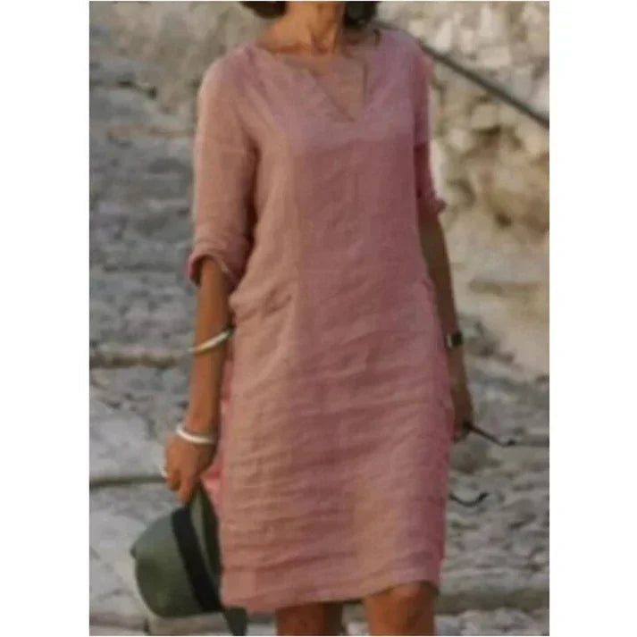 Clemence | Casual Linen Denim Short Sleeve Summer Midi Dress — Pink