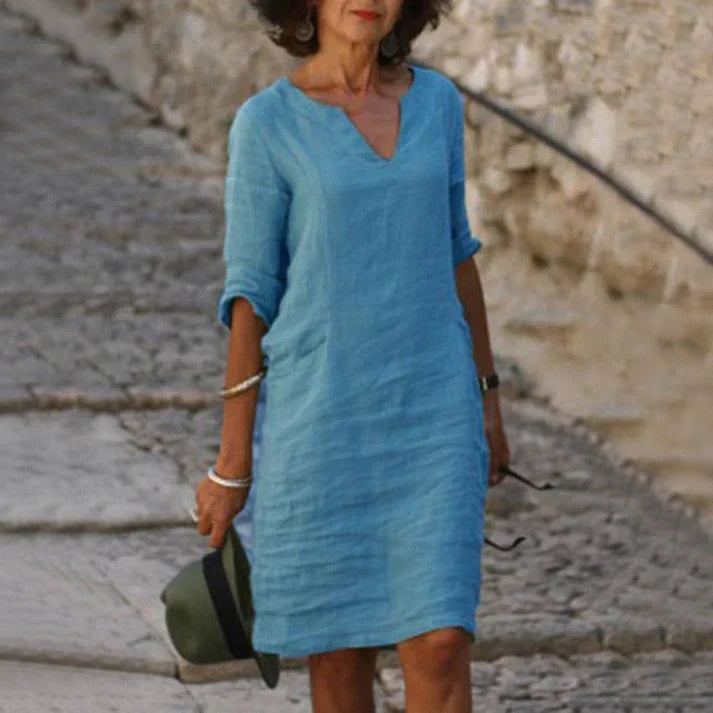 Clemence | Casual Linen Denim Short Sleeve Summer Midi Dress — Blue
