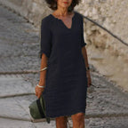Clemence | Casual Linen Denim Short Sleeve Summer Midi Dress — Black