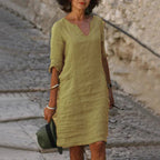 Clemence | Casual Linen Denim Short Sleeve Summer Midi Dress — Khaki