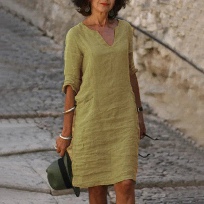 Clemence | Casual Linen Denim Short Sleeve Summer Midi Dress — Khaki