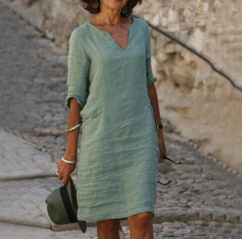 Clemence | Casual Linen Denim Short Sleeve Summer Midi Dress — Light green