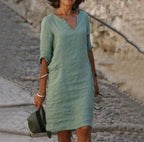 Clemence | Casual Linen Denim Short Sleeve Summer Midi Dress — Light green