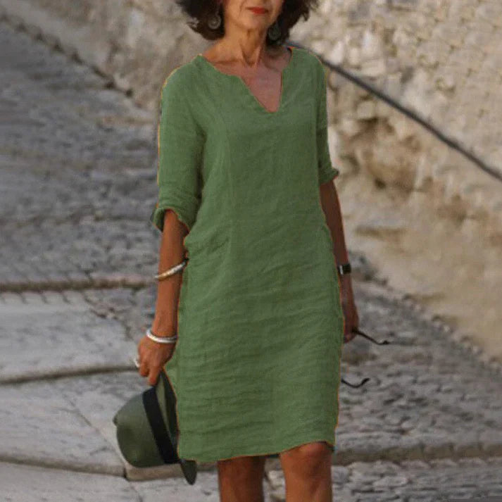 Clemence | Casual Linen Denim Short Sleeve Summer Midi Dress — Dark green