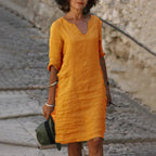 Clemence | Casual Linen Denim Short Sleeve Summer Midi Dress — Orange