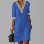 Camille | Linen Summer Dresses Long White Midi Dress — Blue