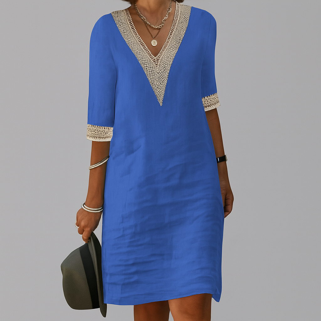 Camille | Linen Summer Dresses Long White Midi Dress — Blue