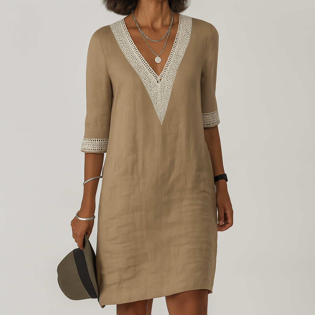 Camille | Linen Summer Dresses Long White Midi Dress — Khaki