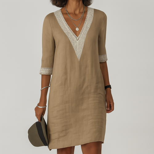Camille | Linen Summer Dresses Long White Midi Dress — Khaki