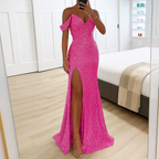 Seraphina | Party Dresses Satin Silk Denim One Shoulder Maxi Dress — Rose Red