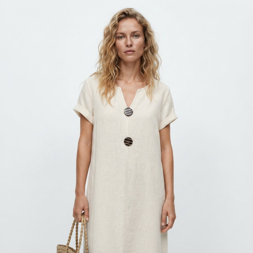 Capucine | Casual Cotton Linen Midi Dress For Women Dresses — Beige