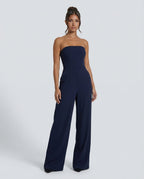 Ursula | Red Pink Linen Strapless Wide Leg Party Wear Jumpsuit — Navy