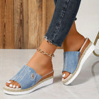 Isolde | Low Wedge Heel Canvas Sandals For Beach Outfits — Light Blue