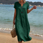 Capucine | Casual Cotton Linen Midi Dress For Women Dresses — Dark Green