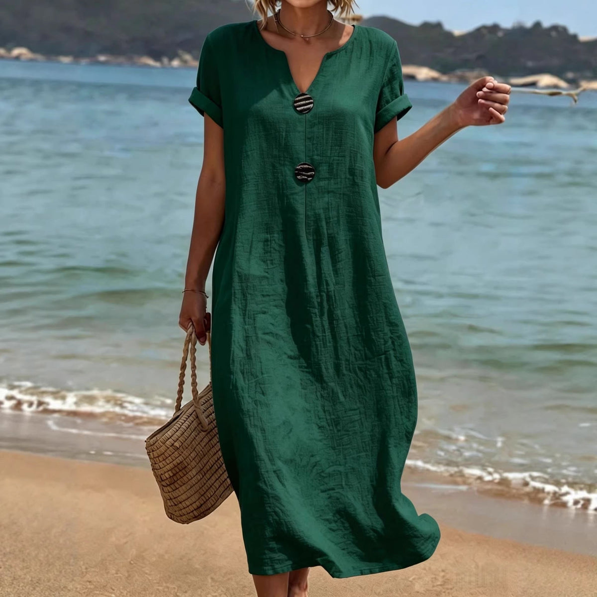 Capucine | Casual Cotton Linen Midi Dress For Women Dresses — Dark Green
