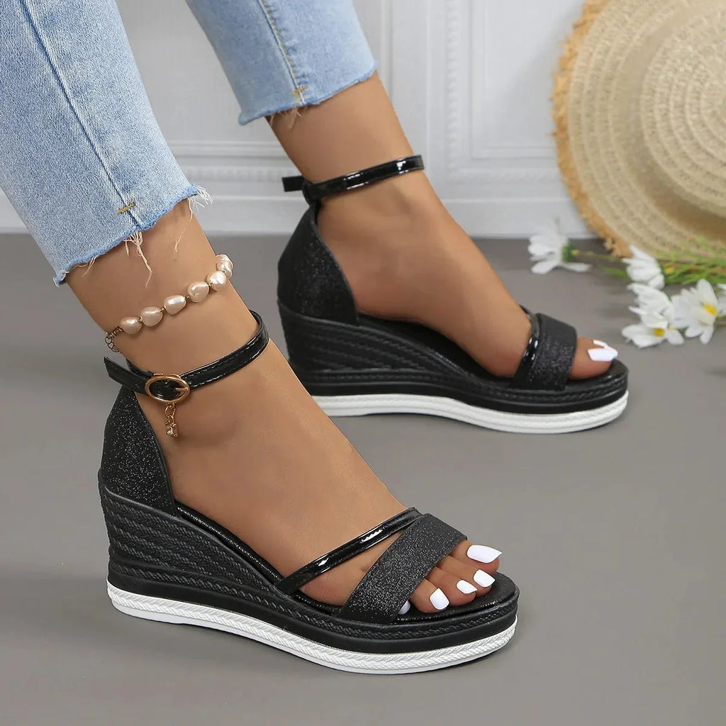 Ninon | Nude Low Wedge Heel Sandals — Black