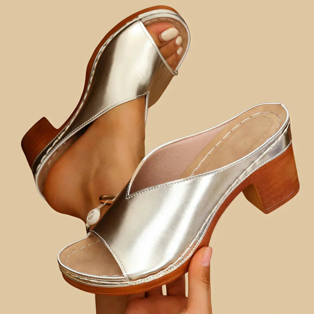 Celestine | Black Strappy Low Block Heel Wide Fit Brown Sandals