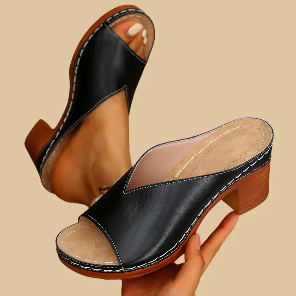 Celestine | Black Strappy Low Block Heel Wide Fit Brown Sandals