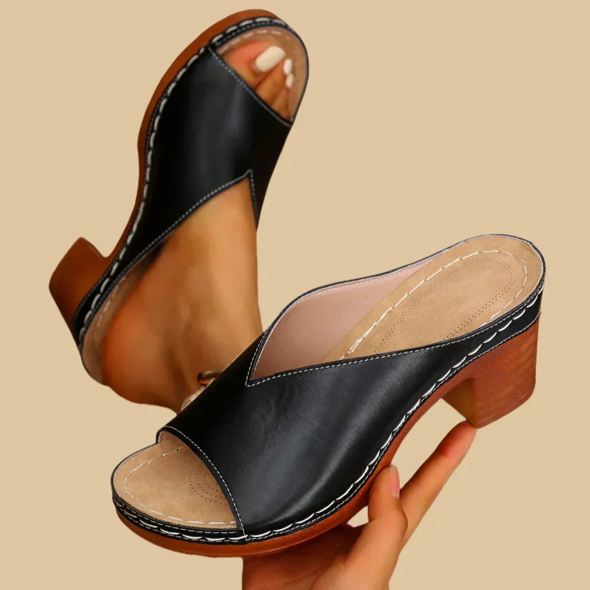 Celestine | Black Strappy Low Block Heel Wide Fit Brown Sandals