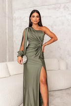 Octavia | Elegant White Lace Linen Leopard Dress — Olive Green