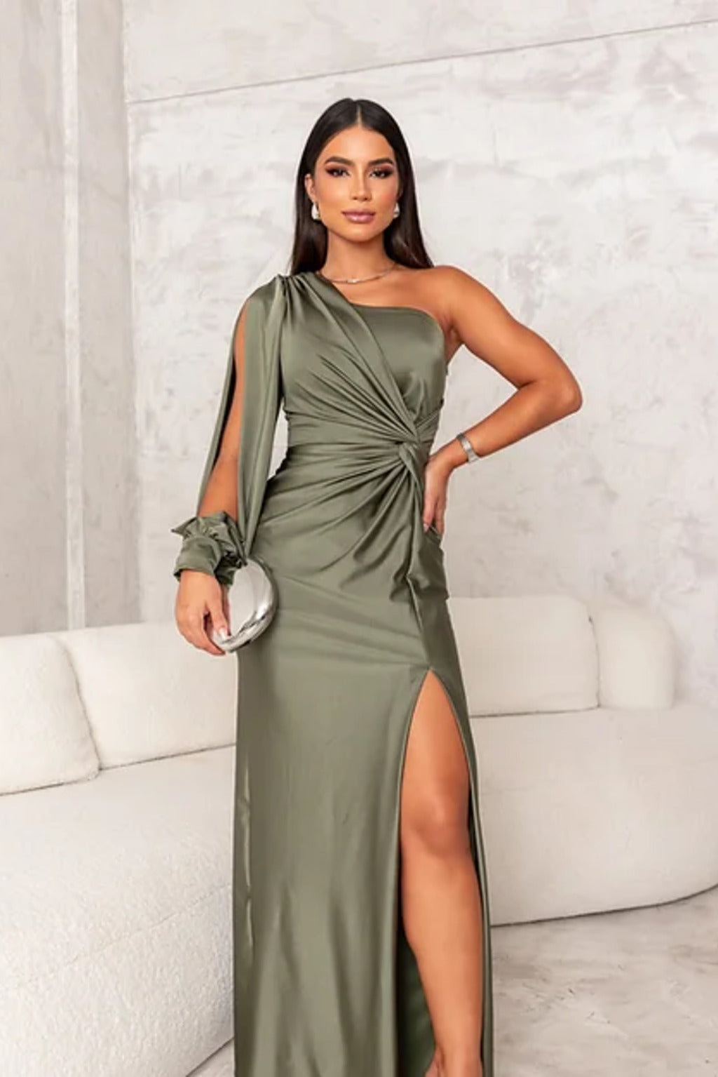 Octavia | Elegant White Lace Linen Leopard Dress — Olive Green