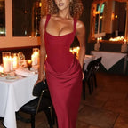 Persephone | White Satin Halter Maxi Wedding Guest Dress Spring Summer — Burgundy