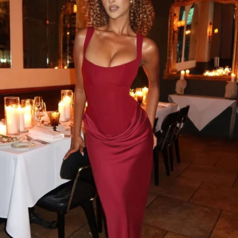 Persephone | White Satin Halter Maxi Wedding Guest Dress Spring Summer — Burgundy