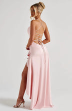 Esmee | Purple Silk Satin Chiffon Maxi Evening Dress Mini Ruffle