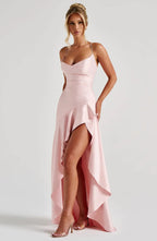 Esmee | Purple Silk Satin Chiffon Maxi Evening Dress Mini Ruffle