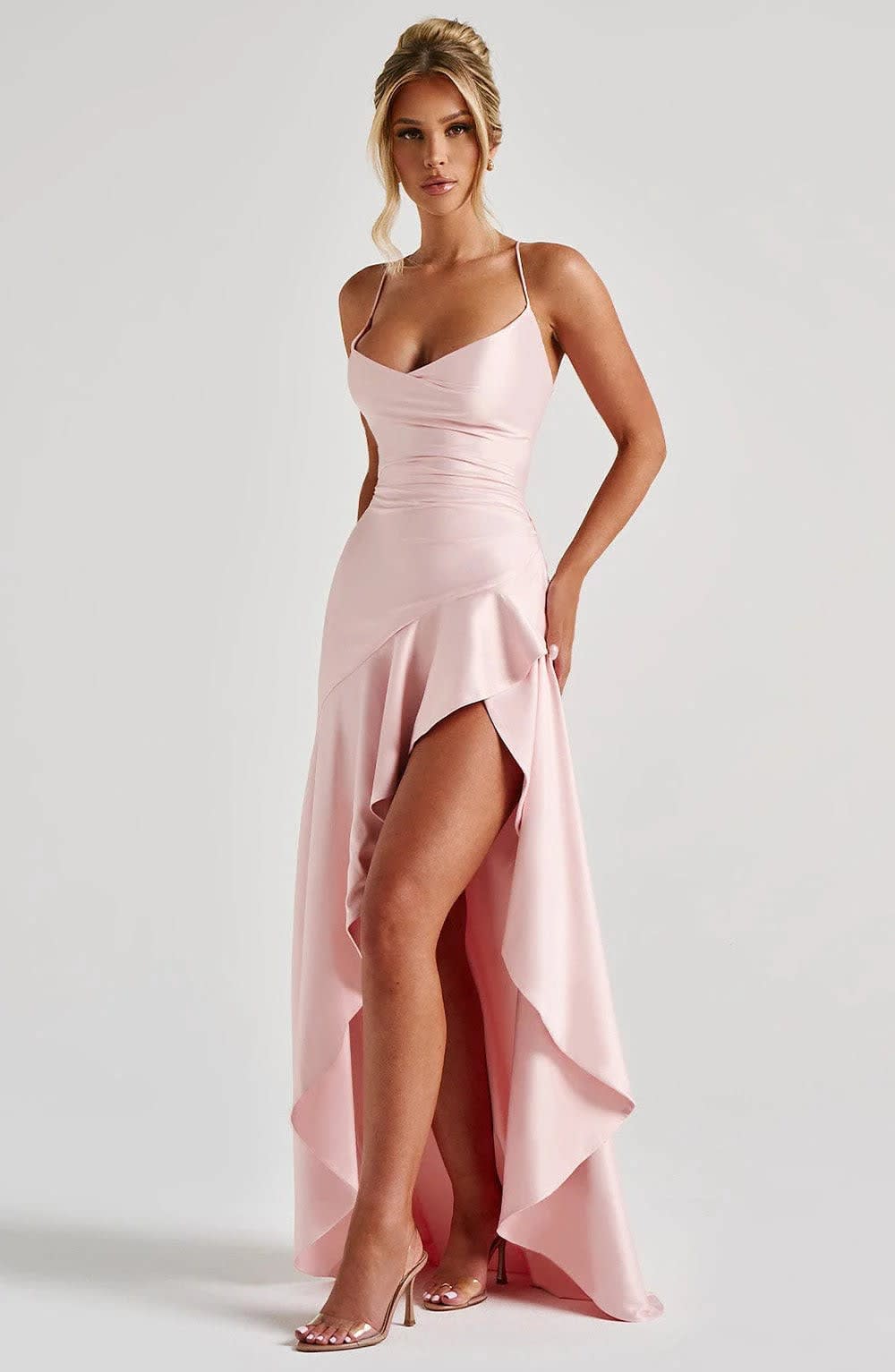 Esmee | Purple Silk Satin Chiffon Maxi Evening Dress Mini Ruffle
