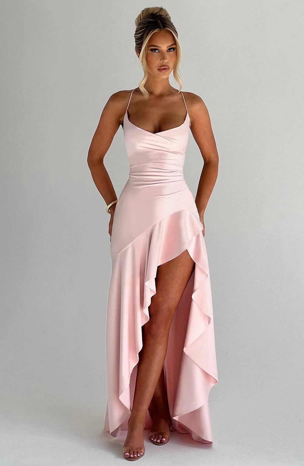 Esmee | Purple Silk Satin Chiffon Maxi Evening Dress Mini Ruffle